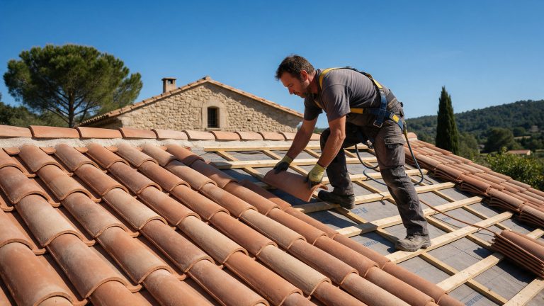 Couvreur posant des tuiles canal sur liteaux et écran sous-toiture, maison provençale du Var