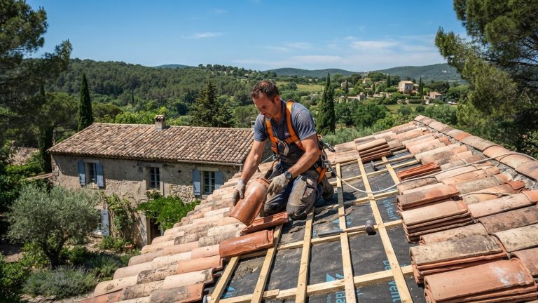 Couvreur posant des tuiles canal sur une maison en pierre du Var