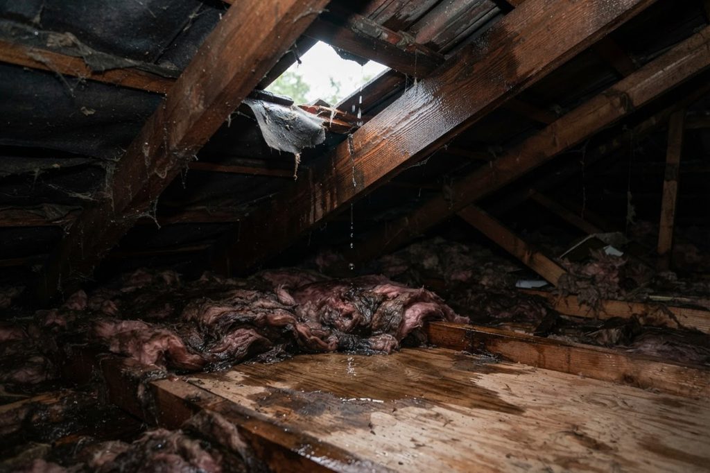 Infiltration d'eau dans les combles : charpente et isolant détrempés