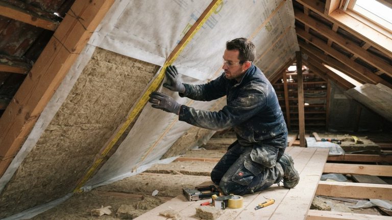 Pose de panneaux de fibre de bois entre chevrons sous rampants