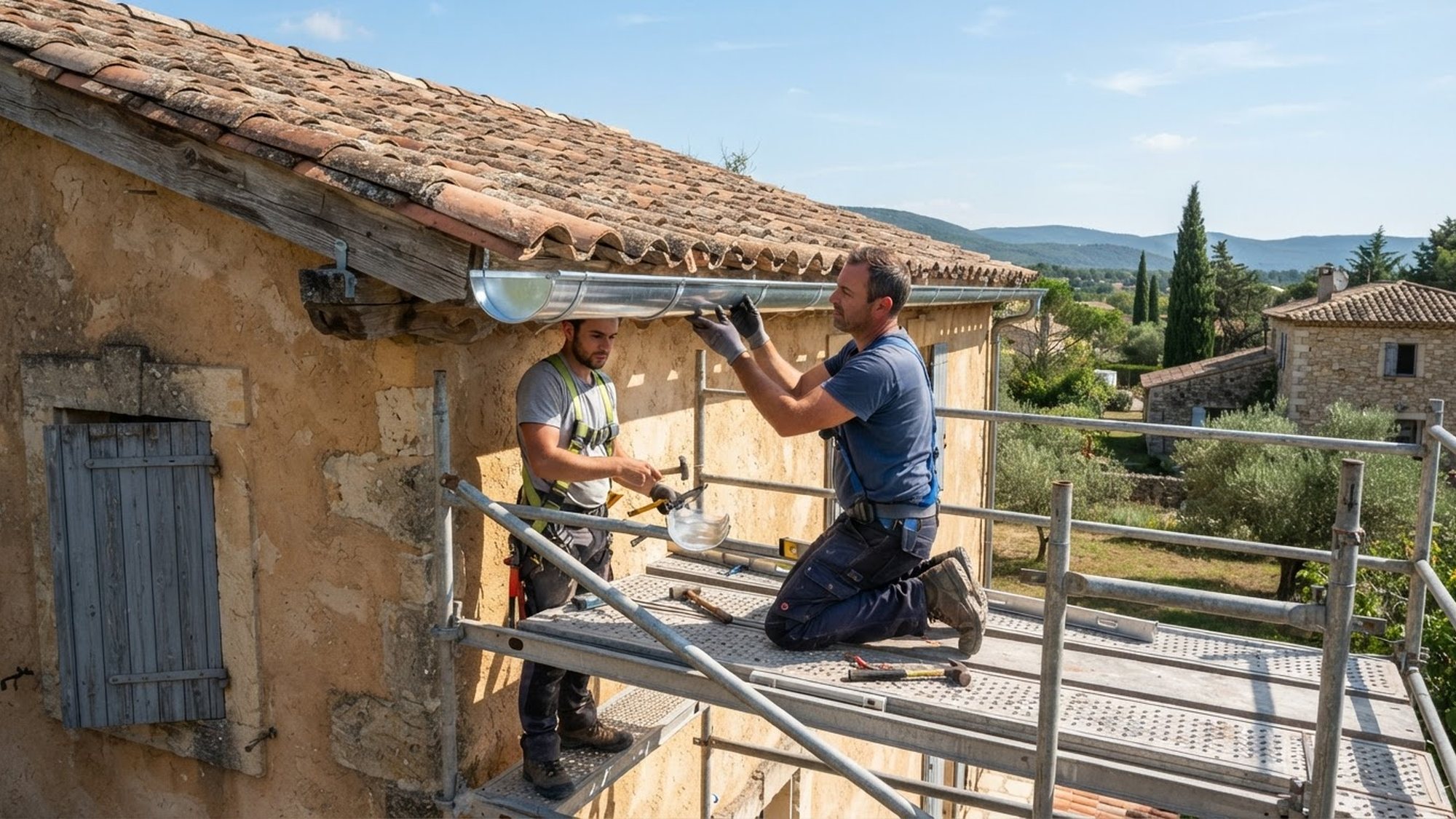 Pose d'une gouttière en zinc sous l'avant-toit d'une maison provençale