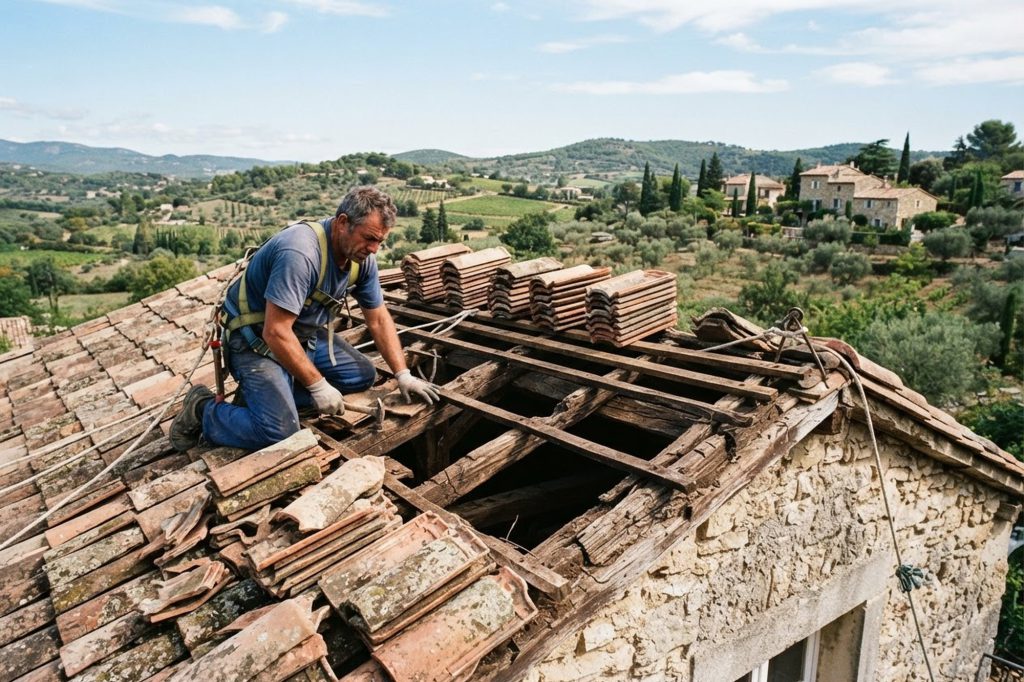 Rénovation de toiture : dépose des anciennes tuiles canal sur une maison en pierre du Var