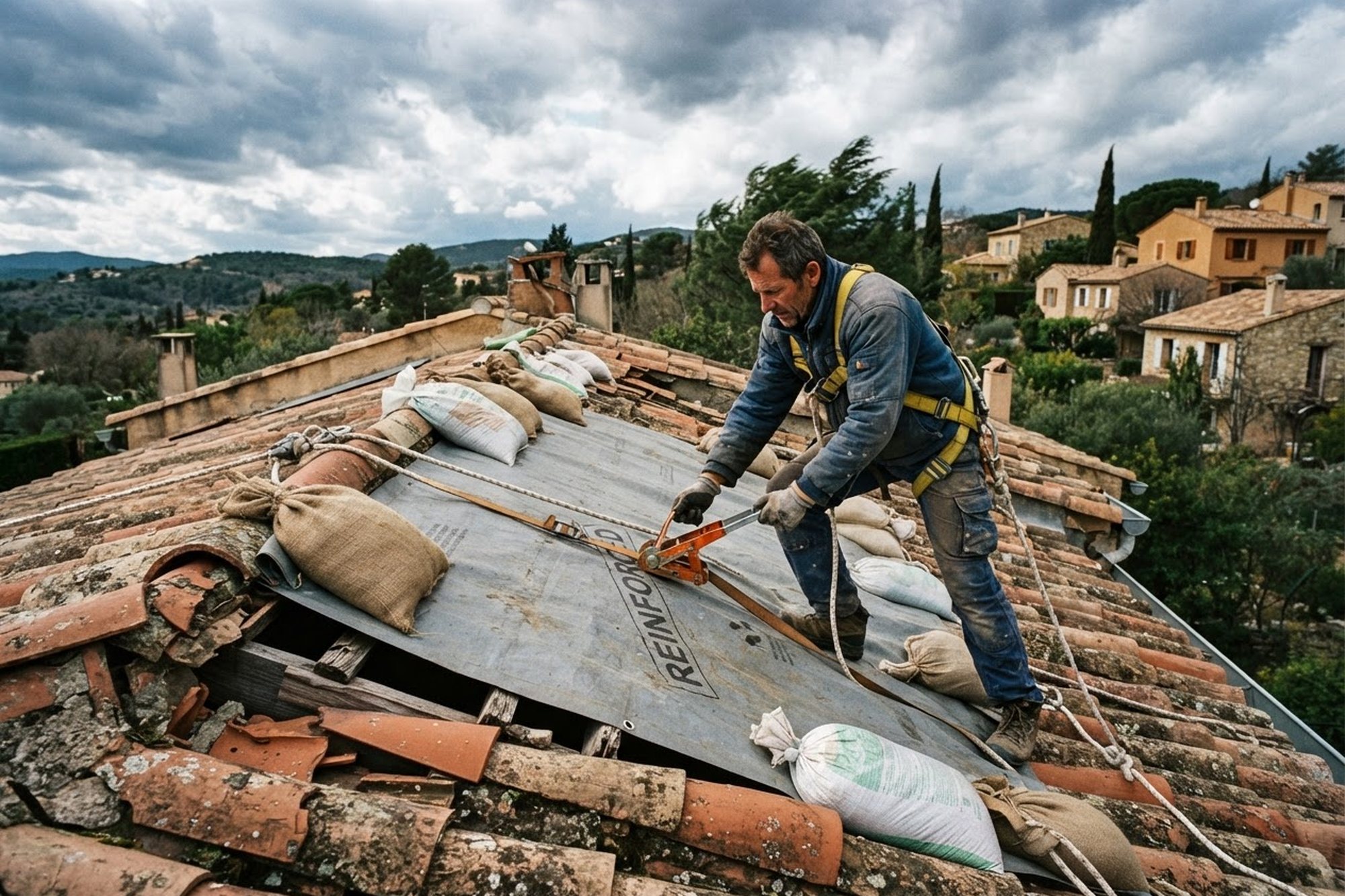 Couvreur sanglant une bâche lestée sur une toiture endommagée
